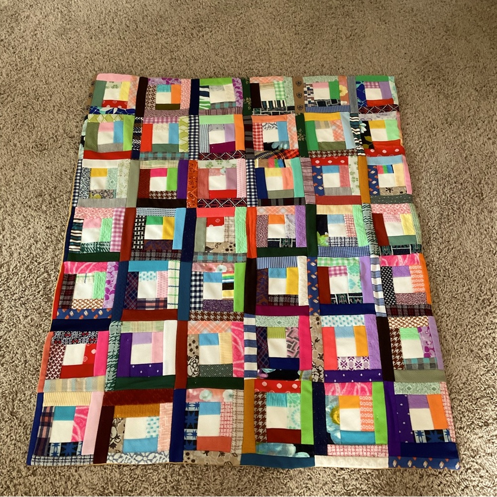 Vintage Scrap Polyester Material Stitched & Tied Lap Quilt